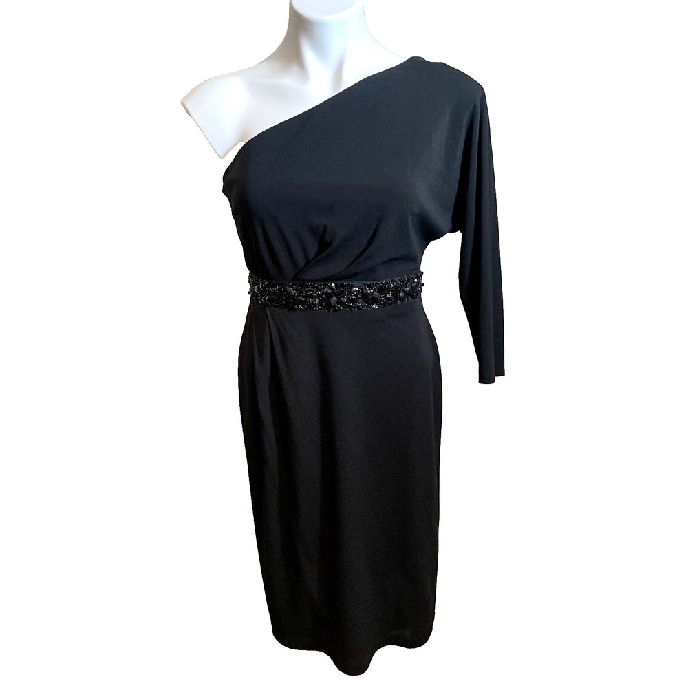 Kay Unger Sheath Pencil Dress Womens 2 Black One Shoulder Rhinestones‎ Vintage